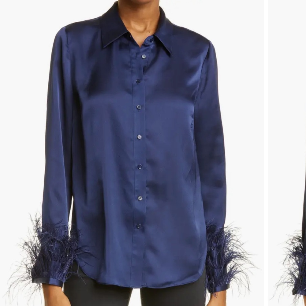 Milly Navy Veronique Feather Cuff Stretch Satin Blouse